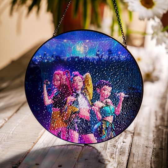 Discover Anime Kpop Hunters Suncatcher  Pastel Pink Blue Glass Hanging, Kpop Inspired Window Decor, Romantic Aesthetic Gift