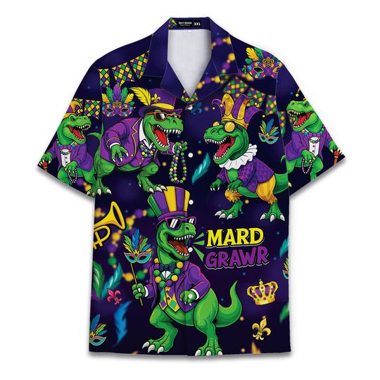 Discover Mardi Gras Dinosaur Colorful Hawaiian Shirt For Men Holiday Fat Tuesday Short Sleeve Button Down Shirt Men