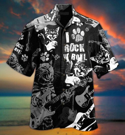 Discover Cat Rock And Roll 3D Hawaiian Shirt, Funny Music Aloha Shirt, Cool Cat Summer Party Shirt, Unisex Beach Outfit, Sizes S5XL