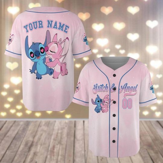 Discover Personalized Stitch & Angel Couple Valentine's Day Striped Baseball Jersey, Stitch Baseball Shirt, Custom Jersey Shirt, Stitch Lover Gift