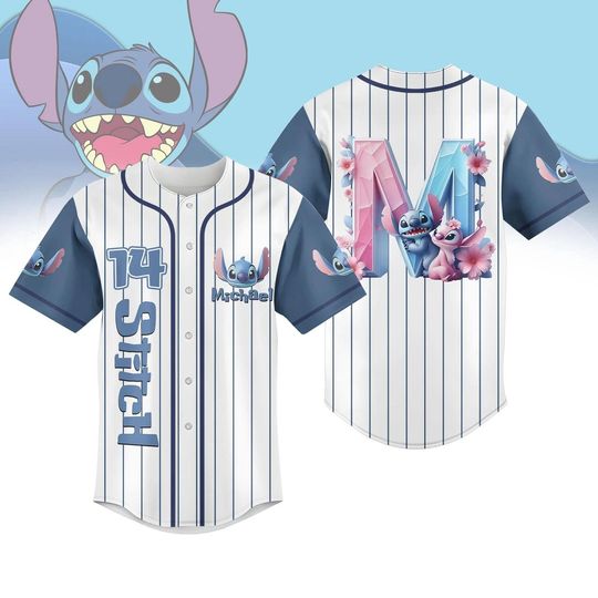 Personalized Stitch & Angel Floral Lilo And Stitch Striped Baseball Jersey, Stitch Baseball Shirt, Custom Jersey Shirt, Stitch Lover Gift