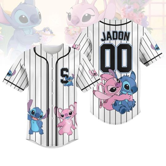 Discover Personalized Stitch & Angel Couple Valentine's Day Striped Baseball Jersey, Stitch Baseball Shirt, Custom Jersey Shirt, Stitch Lover Gift