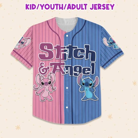 Discover Personalized  Stitch And Angel Couple Blue Pink Striped Baseball Jersey, Stitch Baseball Shirt, Custom Jersey Shirt, Stitch Lover Gift