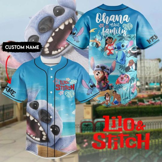 Personalized  Lilo & Stitch Ohana Means Family Aloha Summer Baseball Jersey, Stitch Baseball Shirt, Custom Jersey Shirt, Stitch Lover Gift