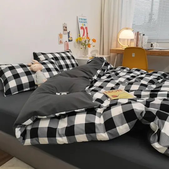 Discover Japanese Simple Striped Check Bedding Sets Brushed Washed Cotton Skin Friendly Comforter Cover Bedclothes for Queen King Size