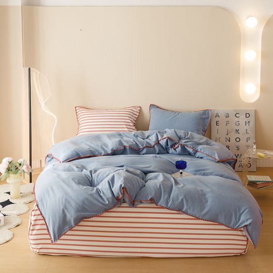 Discover Blue Protein Durable Washed Cotton Bedding Set Striped Color Block Shell Embroidery Comforter Cover with Standard Pillowcases