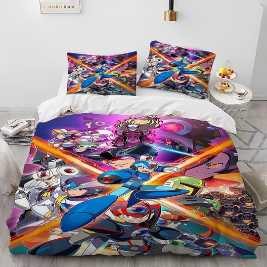 Discover 3D Rockman Megaman Game Cartoon Comforter Bedding Set,Duvet Cover Bed Set Quilt Cover Pillowcase,king Queen Size Bedding Set Kid