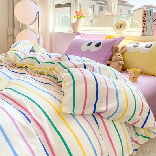 Discover New Cartoon Striped Printed Bedding Sets Aloe Cotton Skin Friendly Breathable Comforter Cover Set Twin Double Size Bed Linens