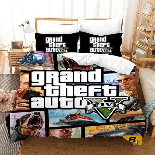 Discover Game GTA V Bedding Set Cartoon Duvet Covers Pillowcase Grand Theft Auto 5 Comforter Bedding Sets Bed Linens Bedclothes(No Sheet)