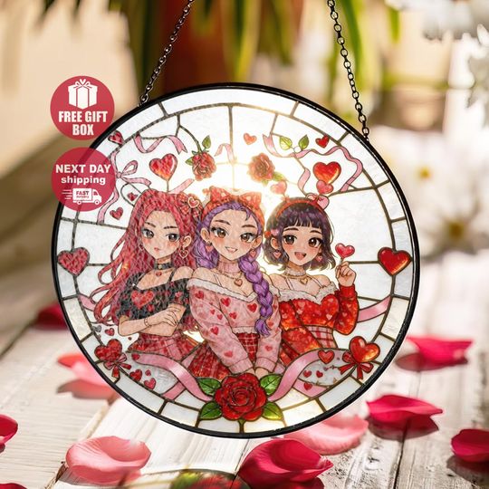 Discover Cute K-Pop Inspired Trio Glass Suncatcher, Colorful Anime Girl Window Decor, Aesthetic Sun Catcher Gift for Teens & Best Friends