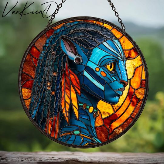 Discover Neytiri - Avatar Stained Glass Suncatcher, Fantasy Navi Window Hanging Decor, Blue Alien Acrylic Art Ornament, Unique Sci-Fi Gift for Fans