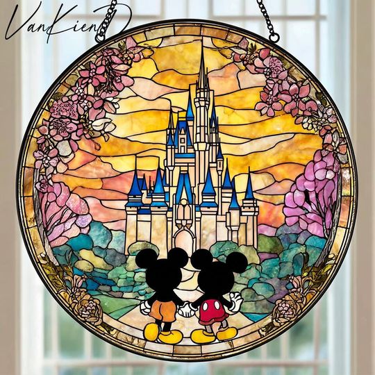Mickey Minni Stained Glass Suncatcher, Anniversary Gift for Husband Wife, Disney Couple Decor,Vintage Magic Kingdom Window Decor,Decor Gift