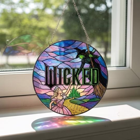 Wicked Musical Elphaba & Glinda Stained Glass Suncatcher, Trendy Broadway Window Hanging