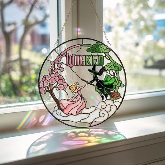 Elphaba and Glinda Wicked Stained Glass Suncatcher, Wizard of Oz Musical Inspired Window Decor