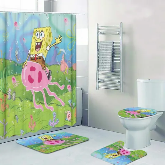 Discover Jellyfish Cartoon Print Shower Curtain Bathroom Mat Toilet Lid Cover Set