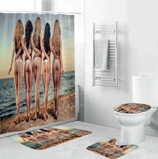 Discover Four-Piece Bathroom Set with Shower Curtain, Bath Mat, Toilet Lid Cover, and Bathroom Rug