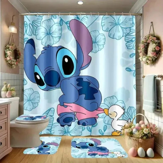 Disney Stitch Bathroom Set - Shower Curtain and Accessories for Fans