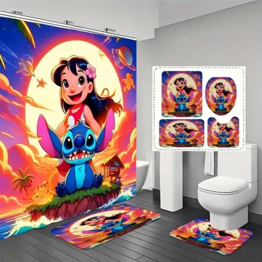 Discover Lio & Stitch Four-Piece Bathroom Set: Shower Curtain, Mat, Toilet Seat Cover