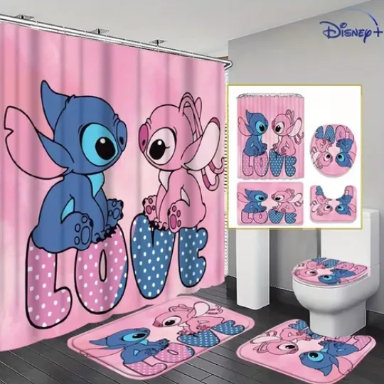 Discover Cute Couple Pink and Blue Stitch Shower Curtain Set for Bathroom