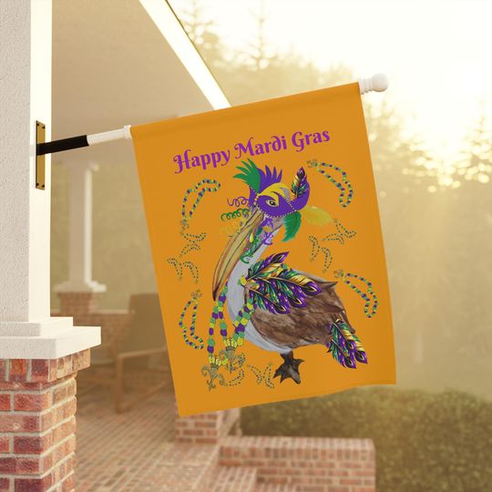 Discover Pelican Mardi Gras House Flag: Coastal Beach Decor, Double Sided