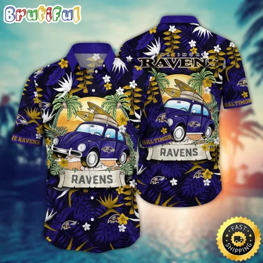 Discover Baltimore Football Team Ravens Hawaiian Shirt Car Palm Tree Aloha Shirt