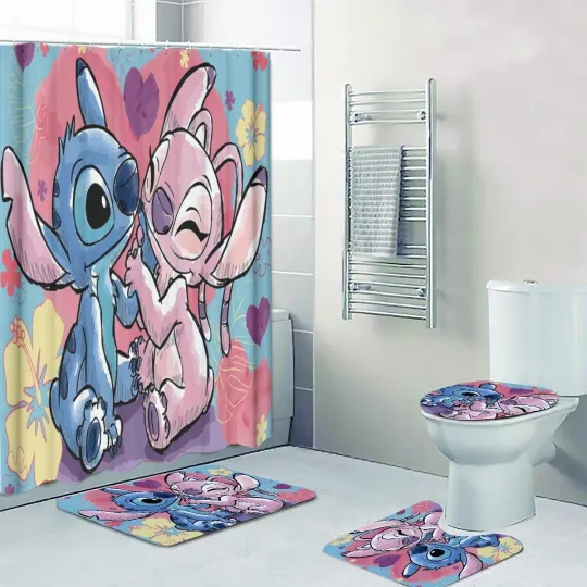 Discover Stitch with Angel Love Print Shower Curtain Bath Mat Toilet Lid Cover Set