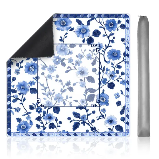 Discover Mahjong Mat 31.5" x 31.5" – Blue Chinese Floral Design, Rubber Non-Slip Noise...