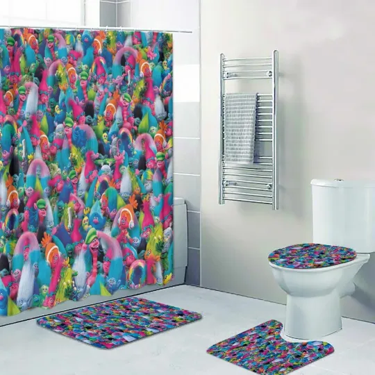 Discover DreamWorks Trolls Four-Piece Bathroom Set Shower Curtain, Toilet Lid Cover, Bath Mat