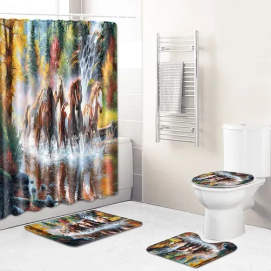 Discover Million Horses Shower Curtain and Bathroom Rug Set with Bath Mat, Toilet Cover, and Anti-slip Features