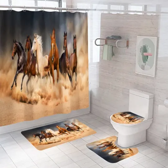 Discover Four-Piece Bathroom Set with Horse Shower Curtain, Thickened Floor Mat, Anti-slip Toilet Cover