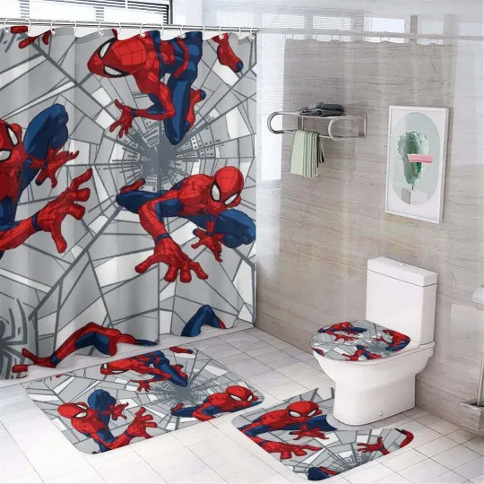 Discover Spider-Man 4-Piece Bathroom Set Shower Curtain Toilet Lid Cover Bath Mat