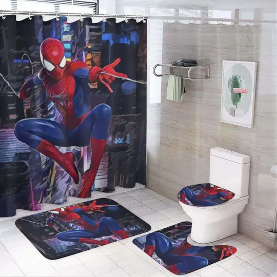 Discover Spider-Man 4-Piece Bathroom Set Shower Curtain Rugs Toilet Lid Cover