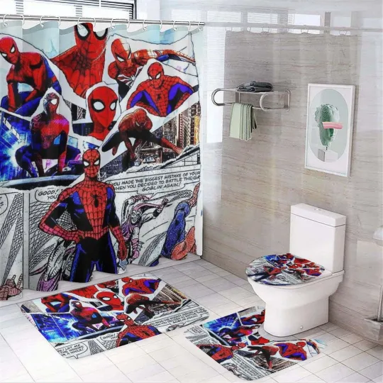 Discover Spider Man 4-Piece Bathroom Set Shower Curtain Toilet Lid Bath Mat