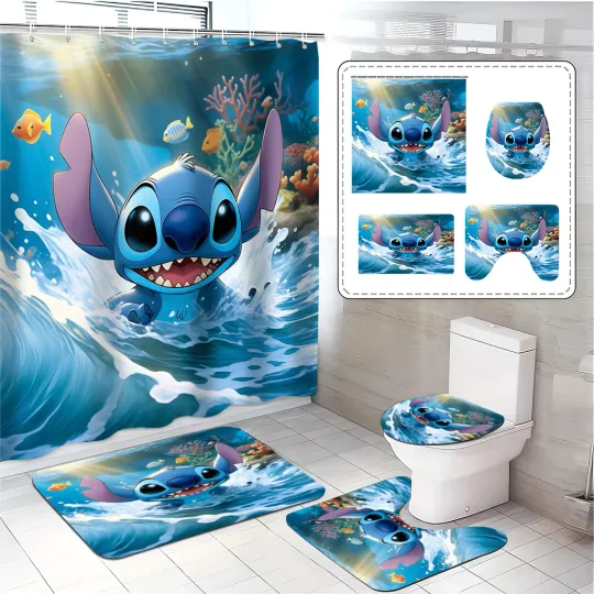Discover Stitch 4-Piece Bathroom Set Shower Curtain Bath Mat Toilet Lid Cover