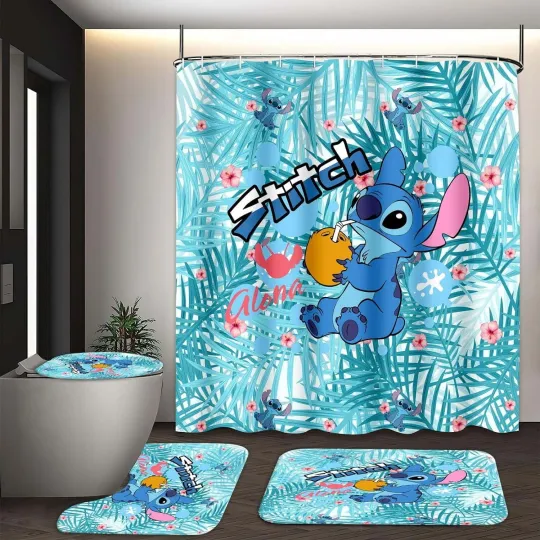 Discover Stitch 4-Piece Bathroom Set Shower Curtain, Bath Mat, Toilet Lid Cover