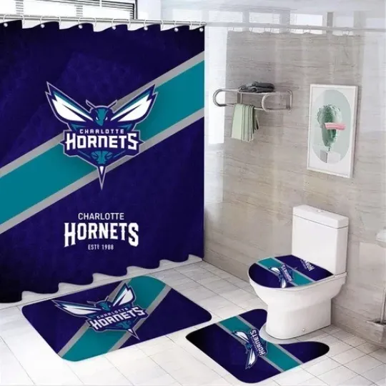 Discover Basketball Hornets Shower Curtain Bathroom Set, Four-Piece Bathroom Accessories