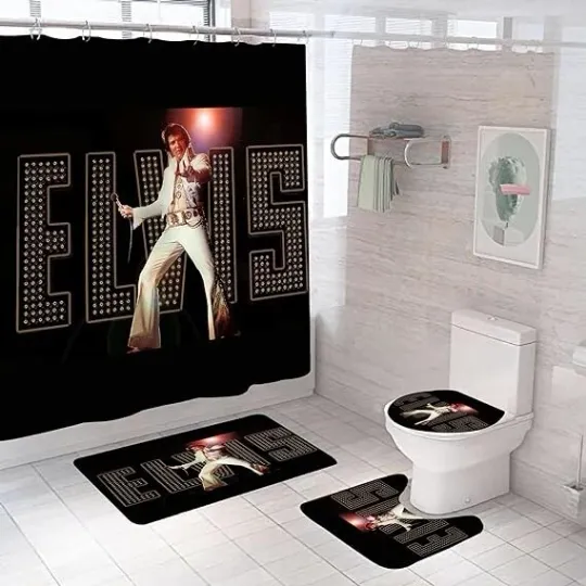 Discover Elvis 4-Piece Bathroom Set Shower Curtain Toilet Lid Cover & Accessories