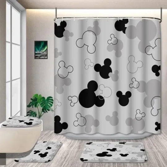 Discover Four-Piece Bathroom Set with Shower Curtain in Fan, Black and Gray