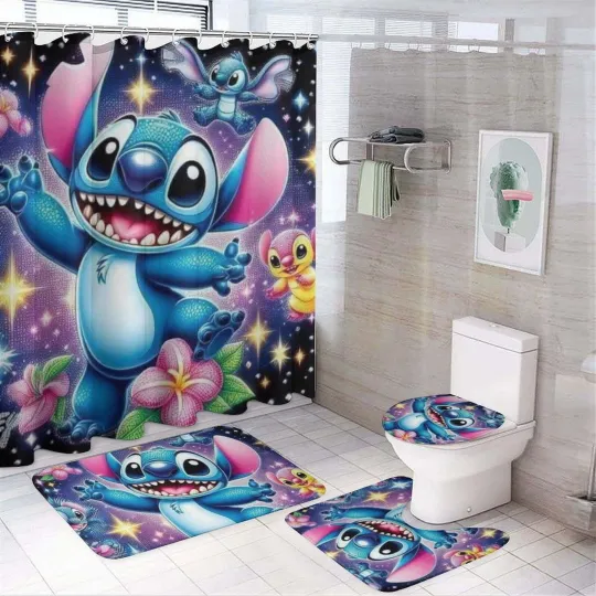 Discover Stitch 4-Piece Bathroom Set – Shower Curtain, Mats & Toilet Lid Cover for Kids