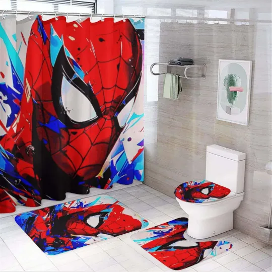 Discover Spider-Man 4-Piece Bathroom Set – Shower Curtain, U-Shaped Mat, Bath Mat, Lid