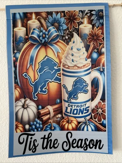 Garden Flag 12x18 Detroit Lions football Double Sided Handmade Fall Autumn Pumpkin