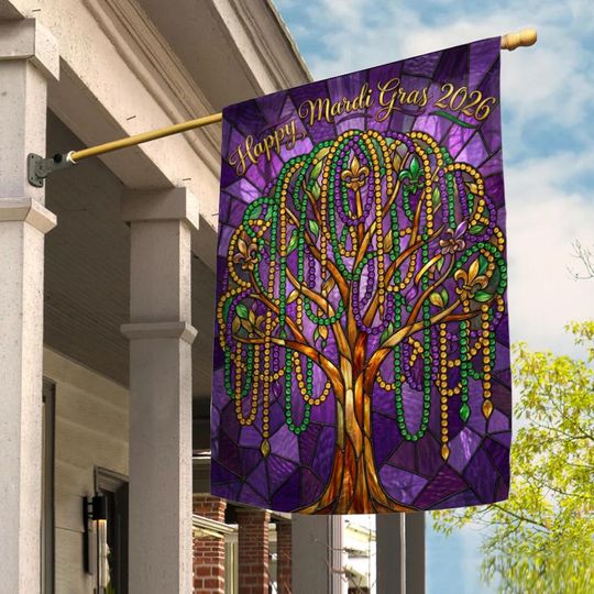 Discover Stained Glass Mardi Gras Garden Flag 2026, Beads Tree Art Flag, Colorful Mardi Gras Outdoor Decor, Fat Tuesday Yard Flag JCUK21