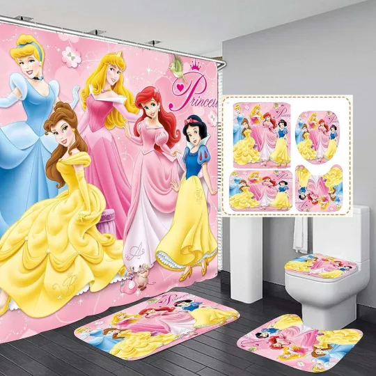 Discover Cartoon Princess 4-Piece Bathroom Set Shower Curtain, Rugs & Toilet Lid Cover