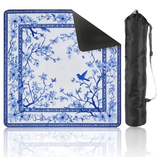 Discover Mahjong Table Mat Blue Floral Bird with Anti-Slip Game Mat Table Cover