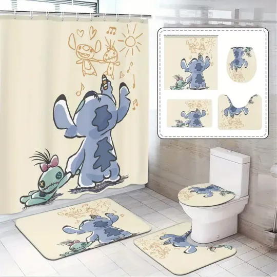 Discover Disney Stitch Shower Curtain Set with Toilet Accessories, Machine Washable Bathroom Decor