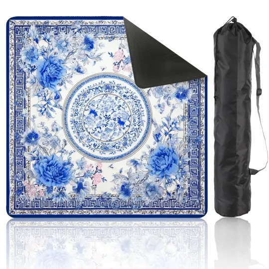 Discover Mahjong Table Mat Blue Chinoiserie with Storage Anti-Slip Game Mat Table Cover