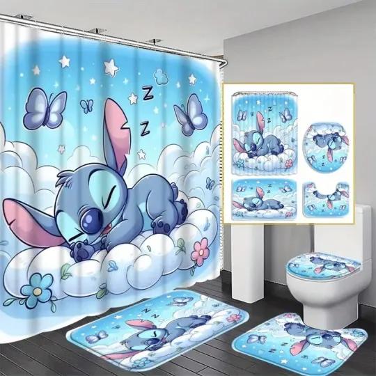 Discover Disney Stitch Adorable Stitch Themed Bathroom Set with Shower Curtain, Bath Mat