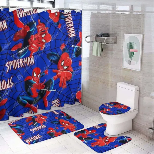 Discover Cute Spider-Man 4-Piece Bathroom Set – Shower Curtain, Rugs & Toilet Lid Cover