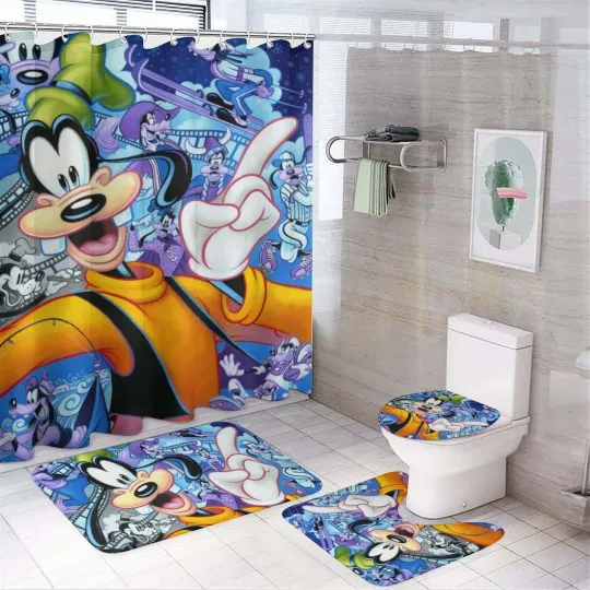 Discover Goofy 4-Piece Shower Curtain Set with Non-Slip Rugs, Toilet Lid & Bath Mat