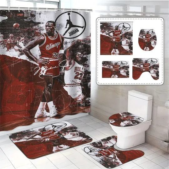 Discover Basketball Bathroom Set Red White Shower Curtain and Rugs 4pc